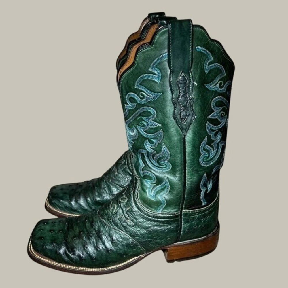 Lucchese 2000 Ostrich Western Cowboy Boots Green Square Toe Womens 7.5 B